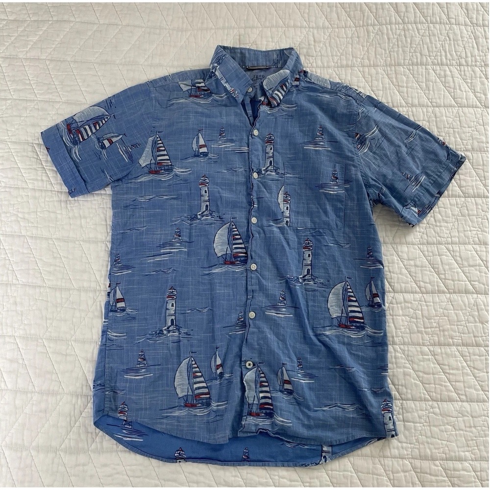 Men's IZOD Saltwater Blue White Red Nautical Print Button-Up Shirt Relaxed Fit M